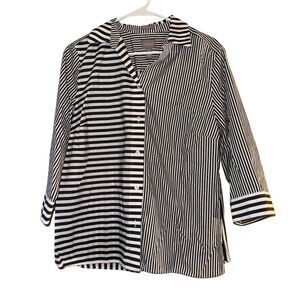 Chico's Women's Striped Cotton Wrinkle Resistant Button-Up Blouse Black Size‎ 2